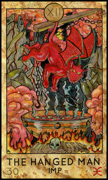 Hanged Man. Imp in hell. Fantasy Creatures Tarot full deck. Major arcana