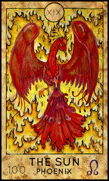 Sun. Phoenix. Fantasy Creatures Tarot full deck. Major arcana