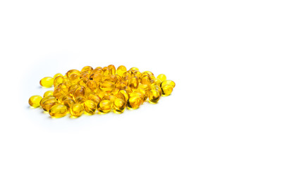 Pile of cod liver oil isolated on white background. Source of Omega-3 and vitamin A & D helps growth development and absorption of calcium and phosphorous in the body