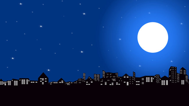 Silhouette scene of the city and night sky with stars and full moon.