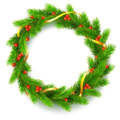Fototapeta na wymiar Traditional Christmas wreath made of green fir branches with red berries of viburnum, Golden ribbon on a white background. 3D illustration