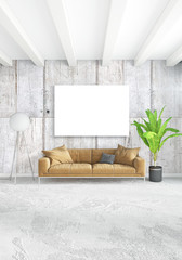 White bedroom minimal style Interior design with wood wall and grey sofa. 3D Rendering. 3D illustration