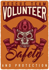 T-shirt or poster design with illustration of firefighter's skull