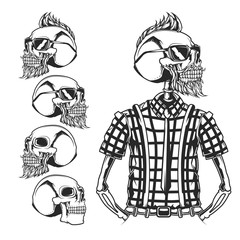 Isolated illustration of skulls and skeleton of hipster.