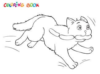 Coloring cartoon cat runs away with sausages. For adults vector illustration. Black and white lines