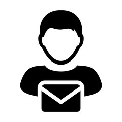 Email Icon vector with person male symbol profile avatar for send and receive mail message for business in Glyph Pictogram illustration