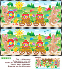 Obraz premium Easter egg hunt themed visual puzzle: Find the ten differences between the two pictures with bunnies, chicks, painted eggs. Answer included. 