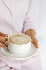 Cup Coffee Female Hands Hold Close up Strip Pajama