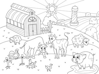 Farm animals and rural landscape coloring vector for adults