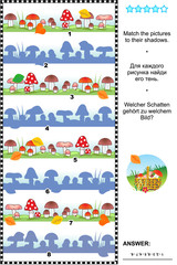 Fototapeta premium Visual puzzle or picture riddle: Match the pictures of mushrooms rows to their shadows. Answer included. 