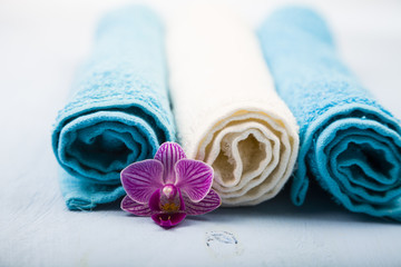 White and blue towels and an orchid flower.