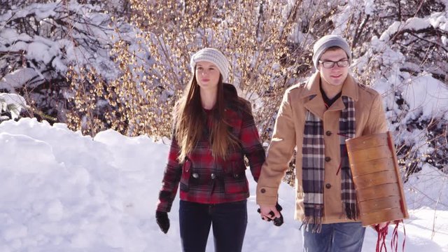 Young couple holding bobsled in snowy winter