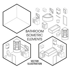 Isometric bathroom interior constructor. Vector set of isometric Furniture elements of home interior isolated on white background. Flat 3d design template