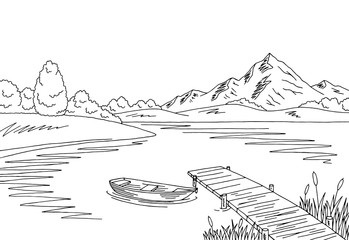 Naklejka premium Lake bridge graphic black white landscape sketch illustration vector