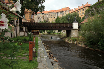 View to bridge over Vitava river and castle in Cesky Krumlov, Czech republic, Czechia, Heritage Unesco.