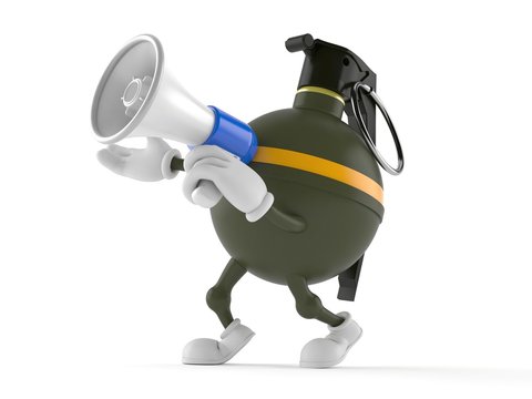Hand grenade character speaking through a megaphone