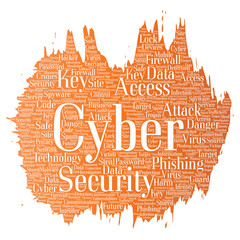 Vector conceptual cyber security online access technology paint brush word cloud isolated background. Collage of phishing, key virus, data attack, crime, firewall password, harm, spam protection