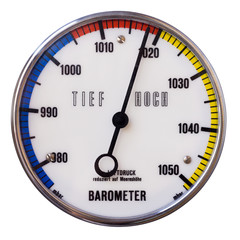 Round analog barometer with scale and inscriptions 'low', 'high', 'atmospheric pressure',...