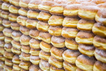 Sweet ruddy buns on bakery closeup