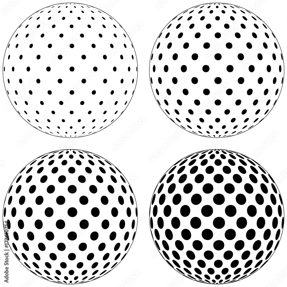 Poster Set of 3D globe ball, dots circles pattern on the surface of the sphere, vector polka dot pattern on the surface of the ball