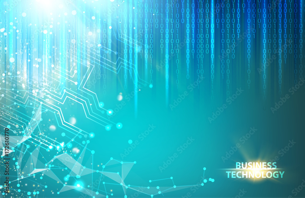 Poster Abstract blue science design and bigdata. Particles of computer network with fallen array of numbers over blue background. Abstract science design. Vector illustration.