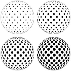 Set of 3D globe ball, dots circles pattern on the surface of the sphere, vector polka dot pattern on the surface of the ball