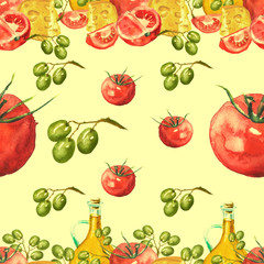 Watercolor seamless pattern. Olive oil in a transparent bottle and a branch with olives, cheese, tomatoes. Vintage illustration of a handmade on a yellow background.