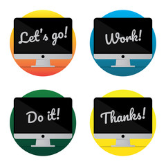 Computer Monitor Sticker set . Work, let's go, do it, thanks letter on the screen. flat style design.