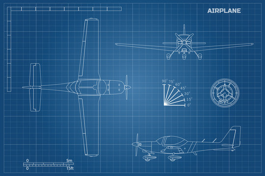 Engineering blueprint of plane. Fast sport airplane view top, side and front. Industrial drawing of aircraft