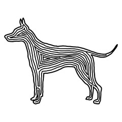 A dog illustration icon in black offset line. Fingerprint style for logo or background.