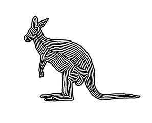 A kangaroo illustration icon in black offset line. Fingerprint style for logo or background.