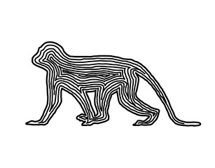 A monkey illustration icon in black offset line. Fingerprint style for logo or background.