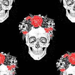 Skull and beautiful flowers. Hand-drawn style. Seamless pattern