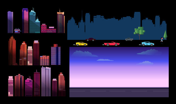 Constructor for night city background. Easy to create your own view of the city, with separate elements - buildings, road, cars,background. Illustration is vector and prepared in modern flat style