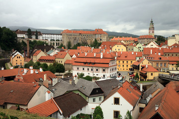 Fototapeta na wymiar Panorama of the Old Town in Cesky Krumlov with colorful houses, Czechia, Heritage Unesco. 