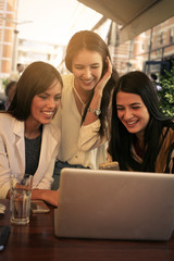 Three young women having conversation in cafe and using laptop.