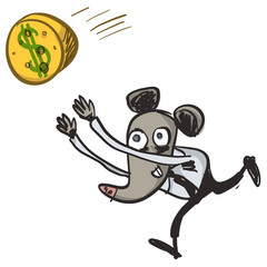 The mouse runs after the cheese. Vector illustration