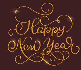 Happy New Year text on on brown background. Hand drawn Calligraphy lettering Vector illustration EPS10