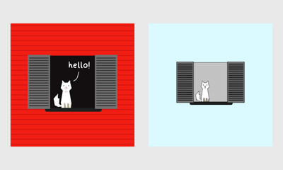 Cat Sitting On A Window Saying Hello (Line Art in Flat Style Vector Illustration Design)