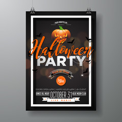 Halloween Party vector illustration with pumpkinm on black background. Holiday design with spiders and bats for party invitation, greeting card, banner, poster.