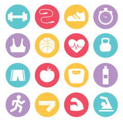  Fitness icons set in flat design, vector illustration.