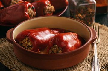 Stuffed red peppers with meat and rice.