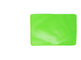 Shiny grainy texture plastic name card green envelope pouch, rectangle shape, on white background isolated, with clipping path