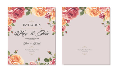 Wedding invitation vintage card with roses and antique decorative elements. Vector illustration