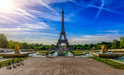 view of Eiffel Tower from Jardins du Trocadero in Paris, France. Eiffel Tower is one of the most...