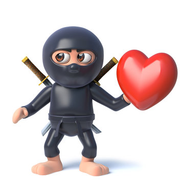 3d Funny cartoon ninja assassin warrior character holding a romantic heart love symbol