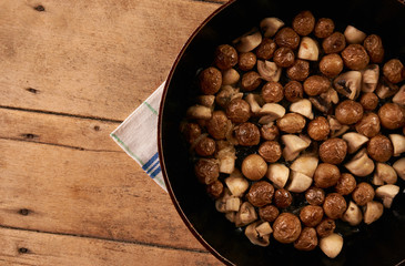 Fried potatoes and mushrooms in frying pan