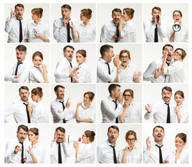 The collage from images of young man and woman on pink background