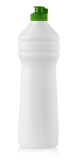 White plastic bottle with liquid laundry detergent, cleaning agent, bleach or fabric softener