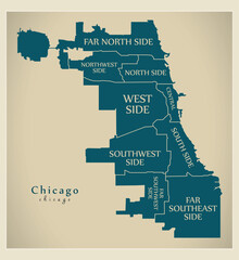Naklejka premium Nowoczesna mapa miasta - miasto Chicago w USA z dzielnicami i tytułami